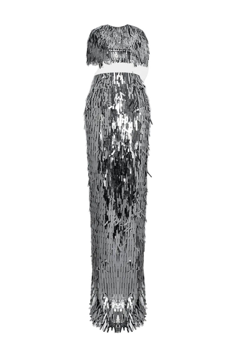 Black Dannie Sparkle Crop Waist Set by HACCHIC COUTURE featuring a stylish gown with shimmering details and a fitted crop top.