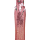 Hacchic Couture purple and pink floral sequin strapless gown with elegant design and intricate detailing, perfect for formal occasions.