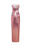 Hacchic Couture purple and pink floral sequin strapless gown with elegant design and intricate detailing, perfect for formal occasions.