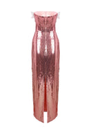 Hacchic Couture Kiflin floral sequin strapless gown in purple and pink with intricate floral pattern and shimmering details.