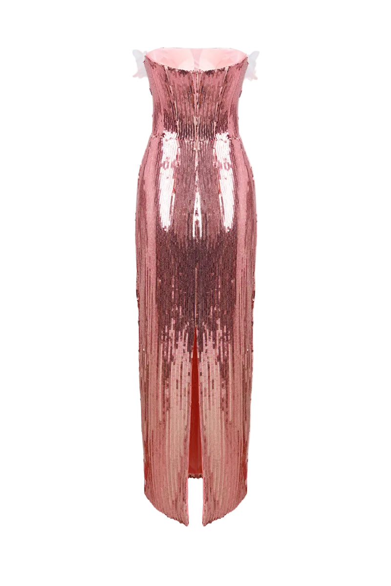 Hacchic Couture Kiflin floral sequin strapless gown in purple and pink with intricate floral pattern and shimmering details.