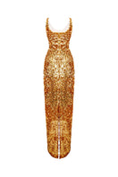 Gold sequined strap gown by HACCHIC COUTURE featuring a fitted silhouette and elegant design.