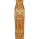 Gold sequin strap gown by HACCHIC COUTURE featuring elegant design and shimmering fabric, perfect for formal occasions.