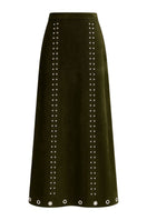 ZUT Navan long maxi skirt in olive green with flowy fabric and a comfortable waistband, perfect for casual or dressy wear.