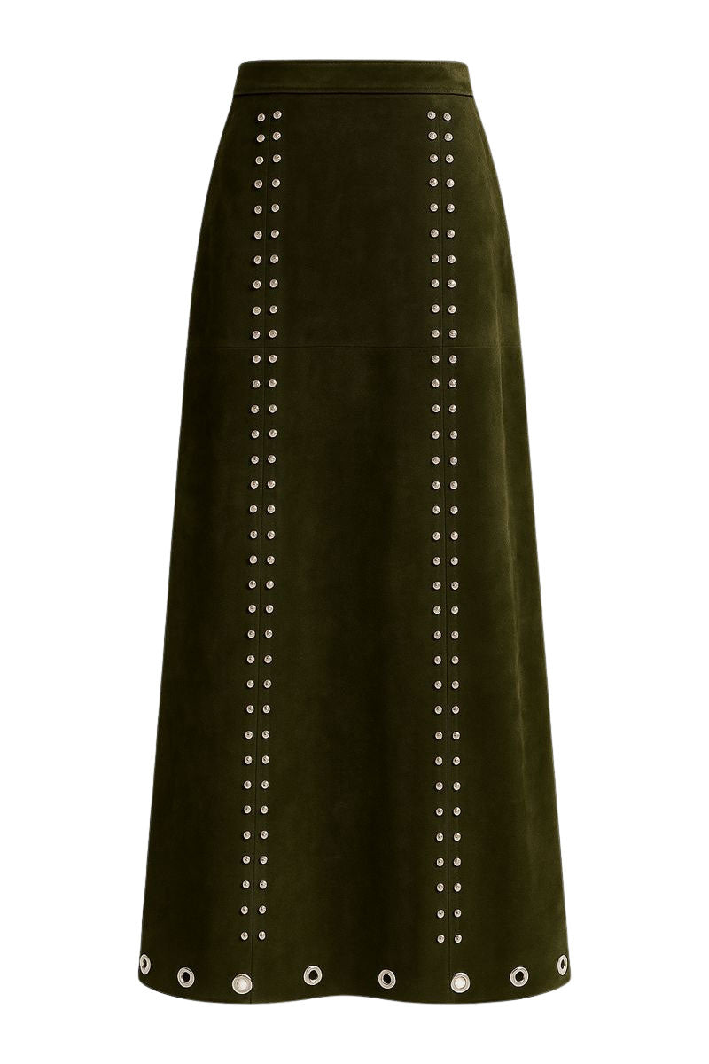 ZUT Navan long maxi skirt in olive green with flowy fabric and a comfortable waistband, perfect for casual or dressy wear.