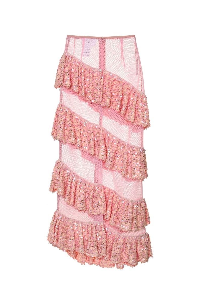 Lalo Salue Maxi Skirt in pink, flowing fabric with a high waist and midi length, perfect for casual or dressy looks.