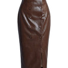 Brown leather sculpted midi skirt by Keira Tong, featuring a fitted waist and sleek, structured silhouette.
