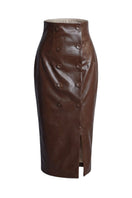 Brown leather sculpted midi skirt by Keira Tong, featuring a fitted waist and sleek, structured silhouette.