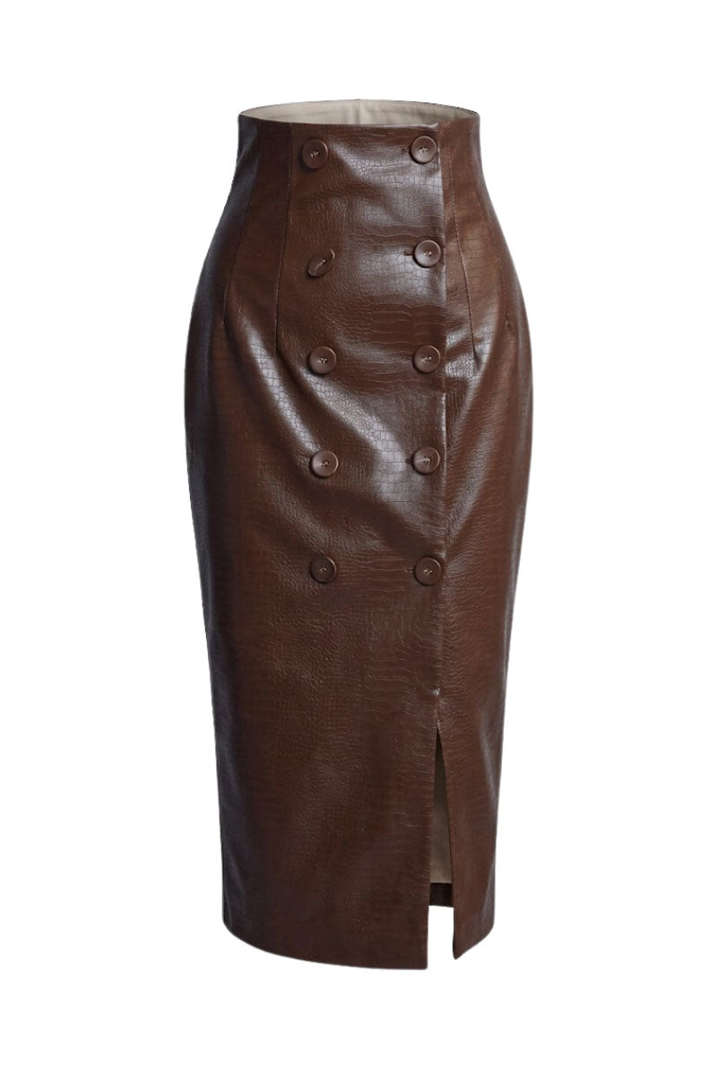Brown leather sculpted midi skirt by Keira Tong, featuring a fitted waist and sleek, structured silhouette.