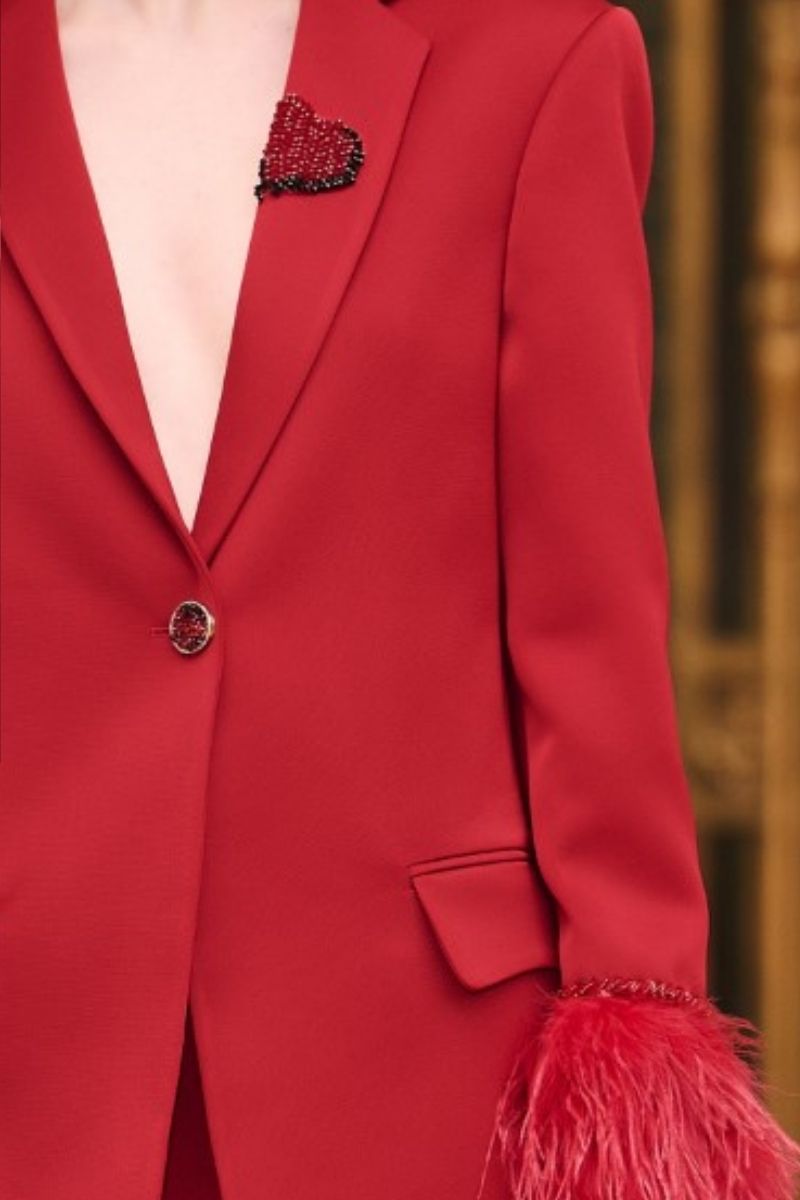 RED KELLY TAFFETA FEATHER SUIT JACKET AND PANTS SET - CULT MIA