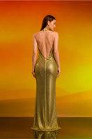 Elegant CEM Luxe Crystal Cowl Gown featuring a flowing fabric and crystal embellishments, shown on a model in a formal setting.