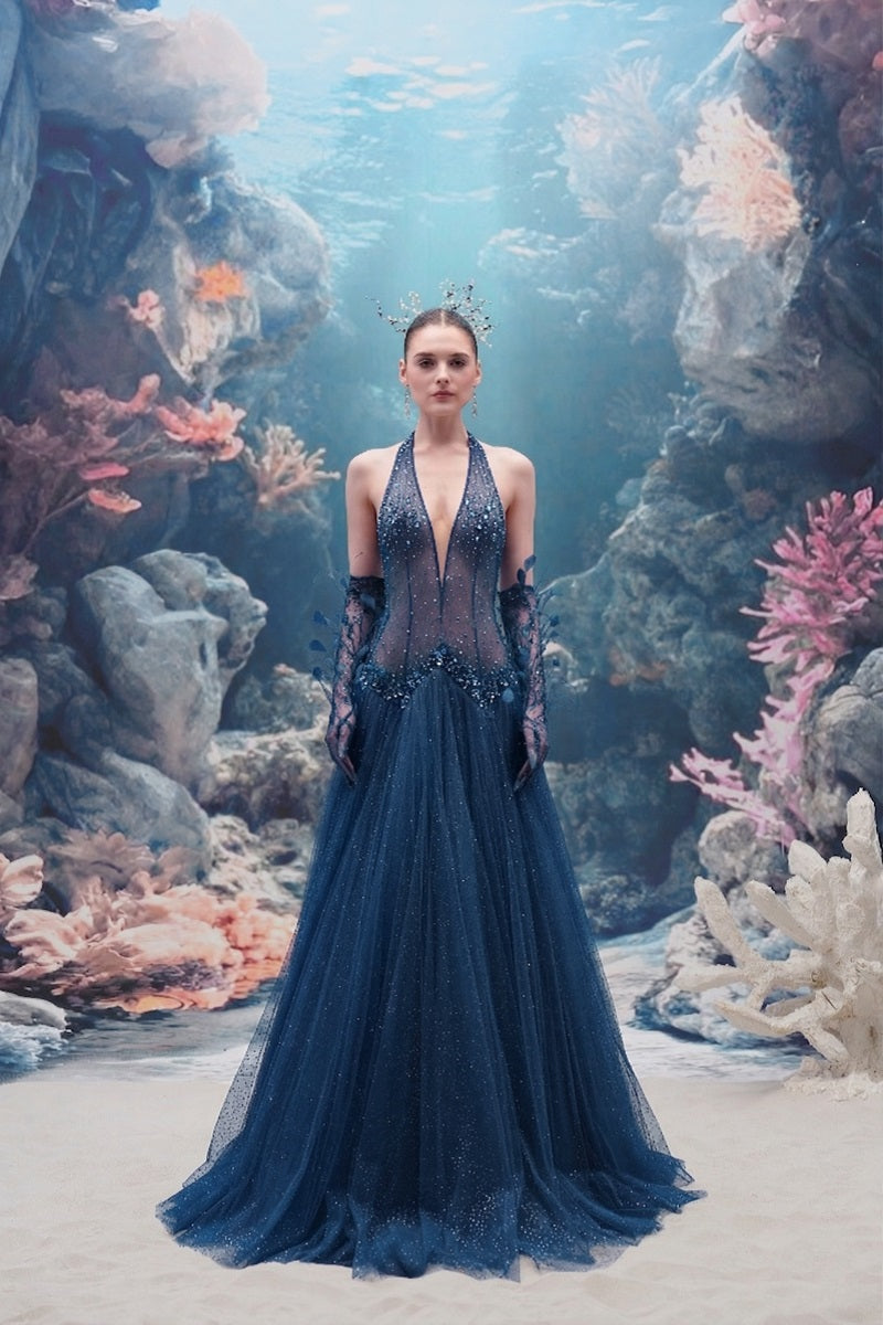 Dark blue Muriel glitter tulle gown by 21Six featuring elegant gloves, perfect for formal occasions.