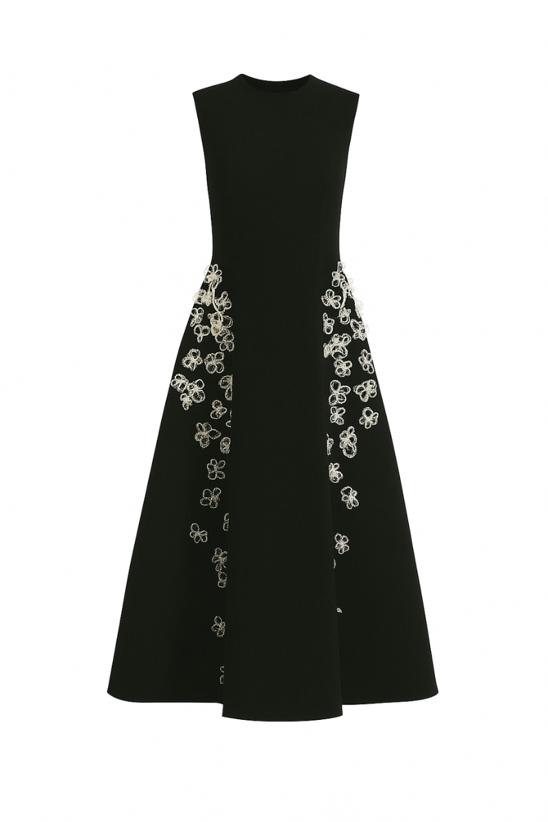 SLEEVELESS POLY CREPE MIDI FLARED DRESS