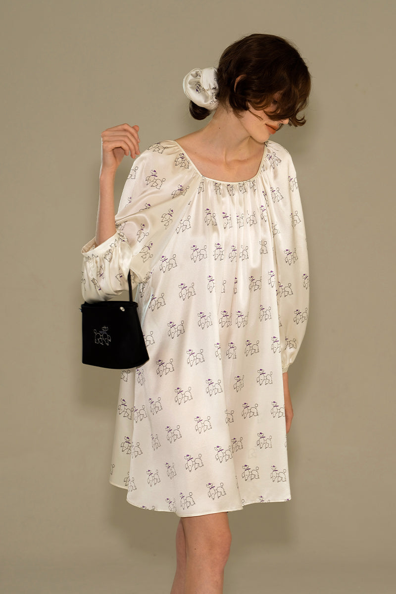 DIAMOND POODLES WHITE SILK PUFF SLEEVE DRESS - CULT MIA