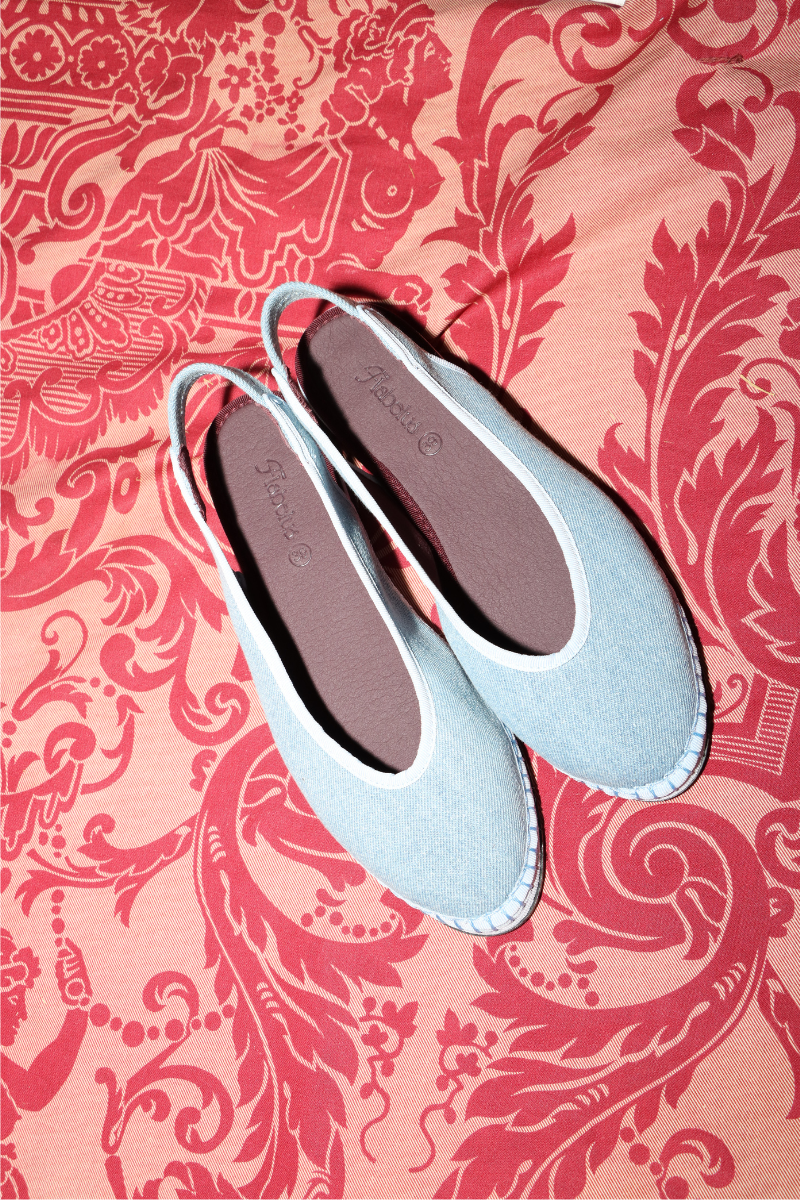 Flabelus Narnia light denim flats with light blue piping, slip-on shoes for casual and stylish wear.