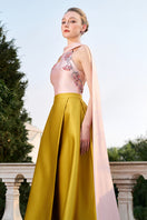 Pink and yellow bamboo taffeta gown by Tracy Studio, flowing design with elegant fabric and detailed draping.