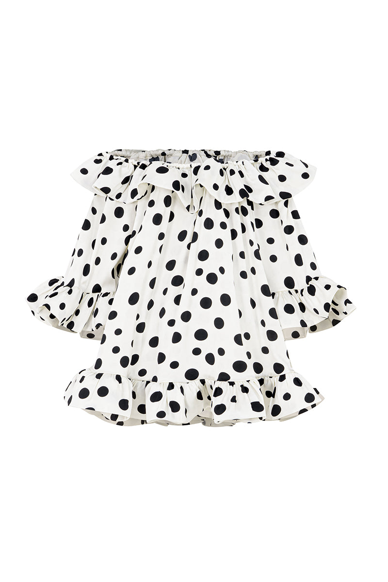 VOLUMINOUS SHORT RUFFLE DRESS IN WHITE