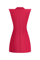 CEM red V-neck mini dress displayed on a hanger, showcasing its fitted silhouette and stylish sleeveless design.