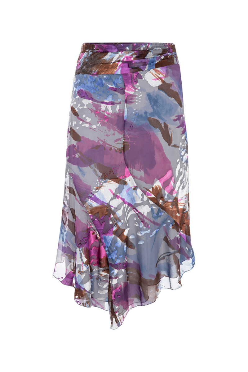 Suncillo Aura midi skirt in soft fabric with a flowy silhouette, shown in a natural pose on a white background.