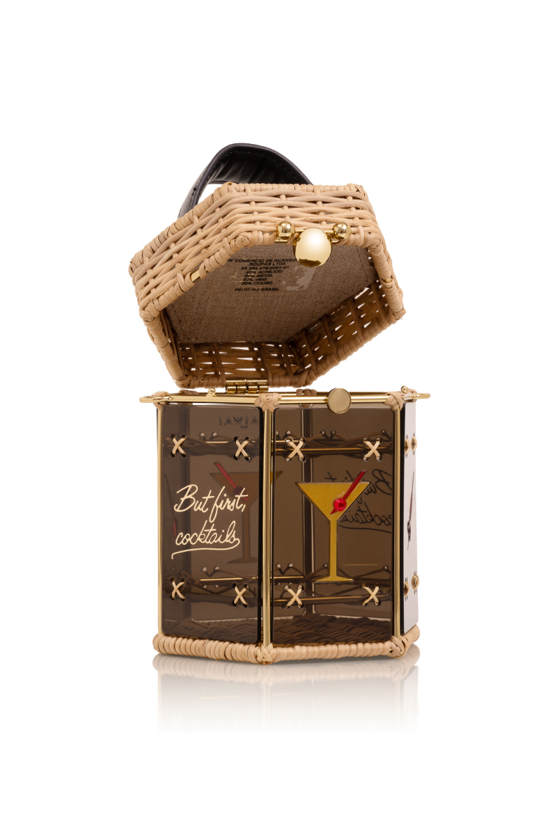 Waiwai Rio Cherry-Tini top handle bag in vibrant red with gold hardware and a sleek, compact design for stylish carry.
