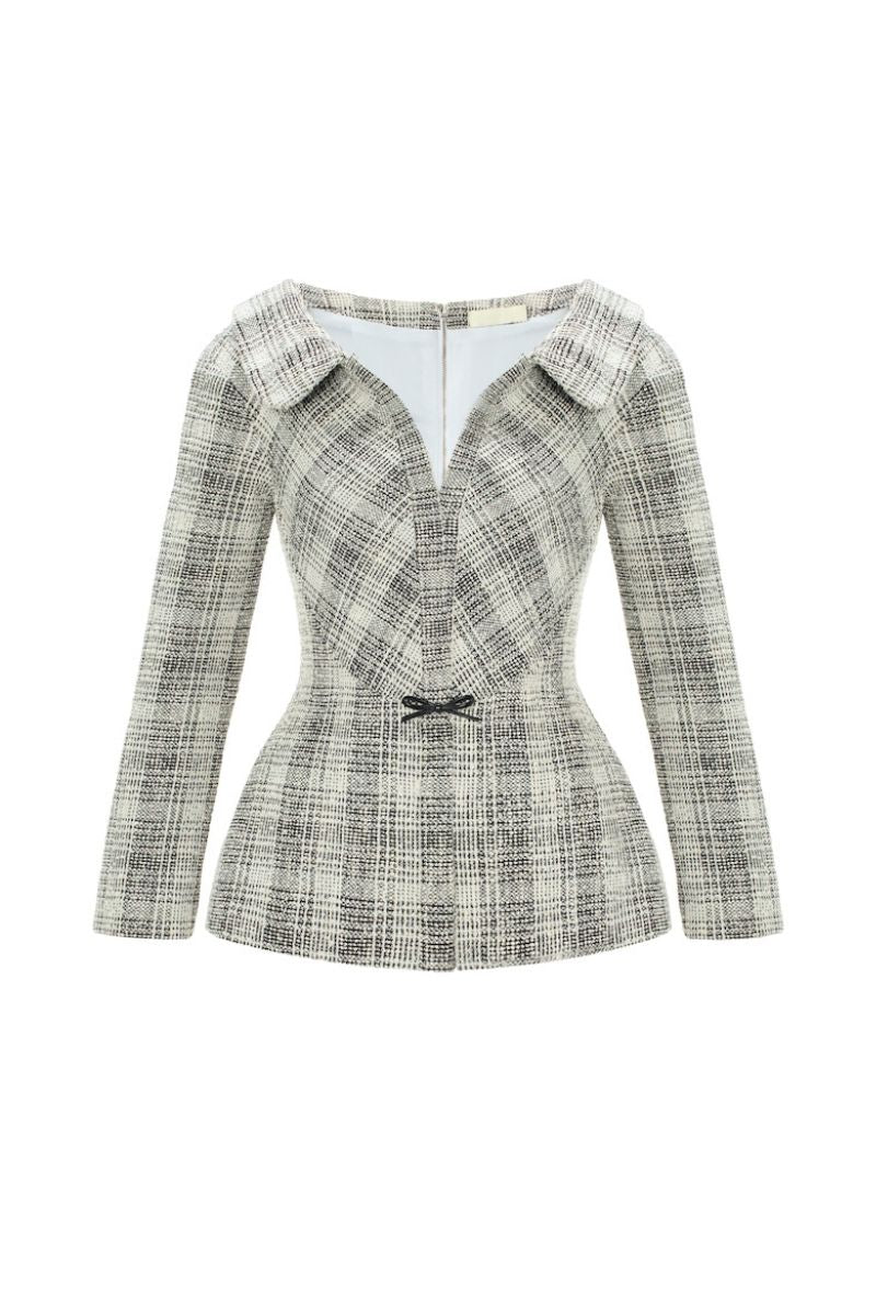 Montsand plaid V-neck peplum tweed blazer top, stylish women's fashion top with tailored fit and classic pattern.
