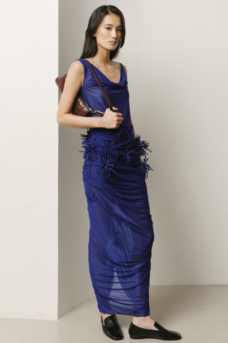 DRAPED POM-POM SHEER DRESS
