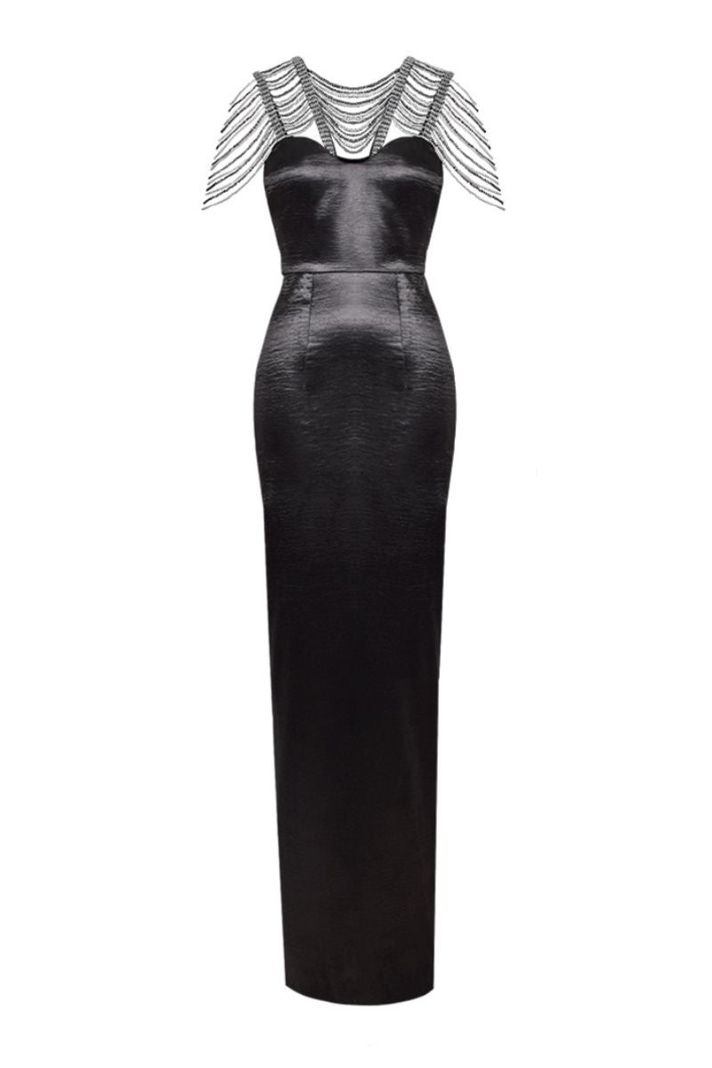 BLACK TEXTURED SATIN SEQUIN PENCIL MAXI DRESS - CULT MIA