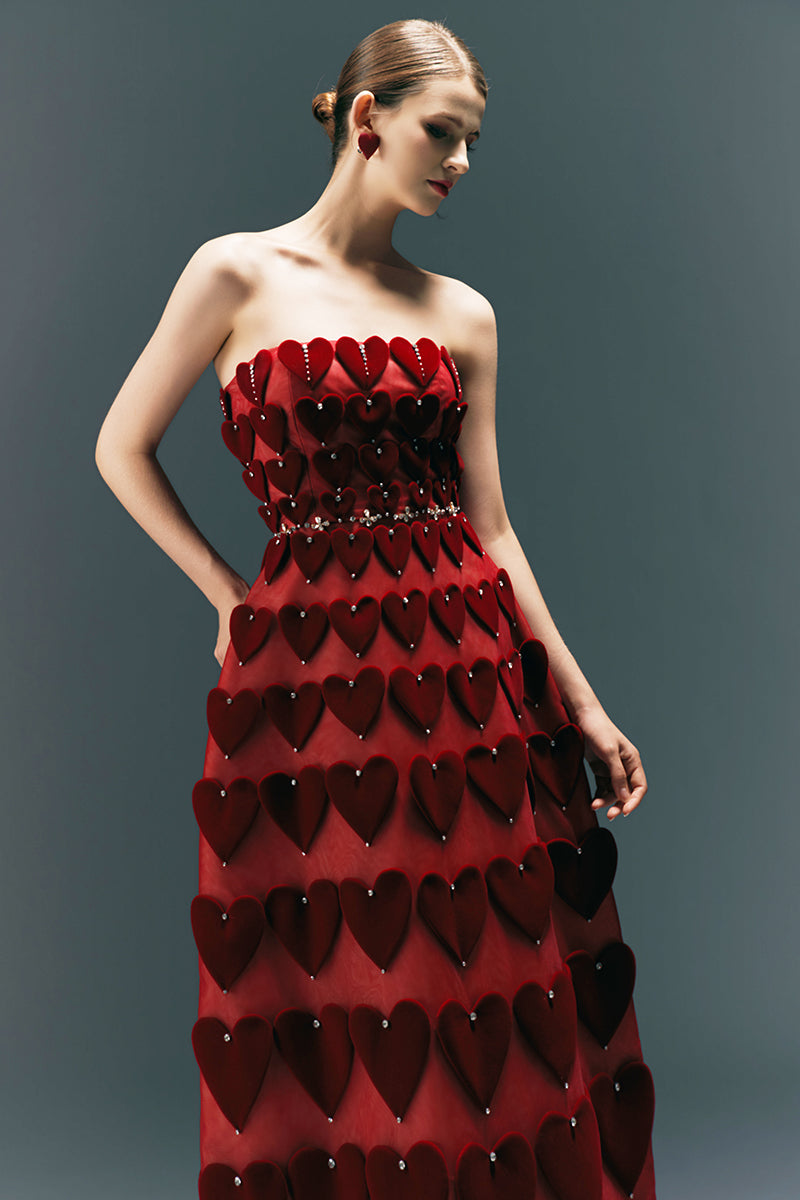 HAPPY CLOTHING CULT MIA X burgundy gown with embellished heart motif, elegant long sleeve design, perfect for formal occasions