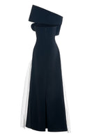 Black CULT MIA X HAPPY CLOTHING Lester A-line organza gown with flowy silhouette and elegant design.