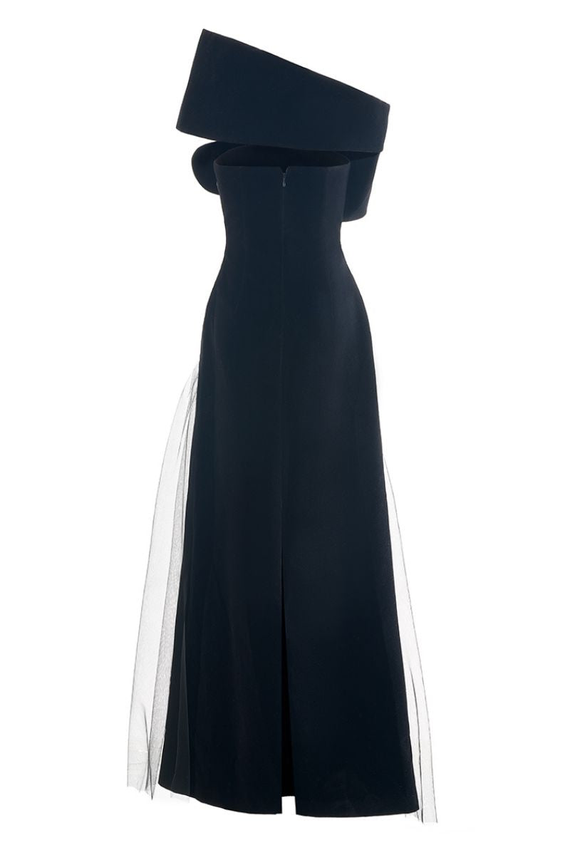 Black CULT MIA X HAPPY CLOTHING Lester A-line organza gown with flowy silhouette and elegant design.