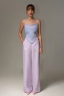 Liya sky blue and lilac sweetheart double top with floral pattern, sleeveless design, and fitted style seen in the image.