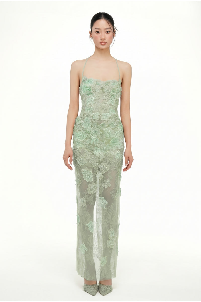 Mint Annabelle Tulle Dress by 21Six, a flowy maxi dress with tulle fabric, perfect for elegant occasions.