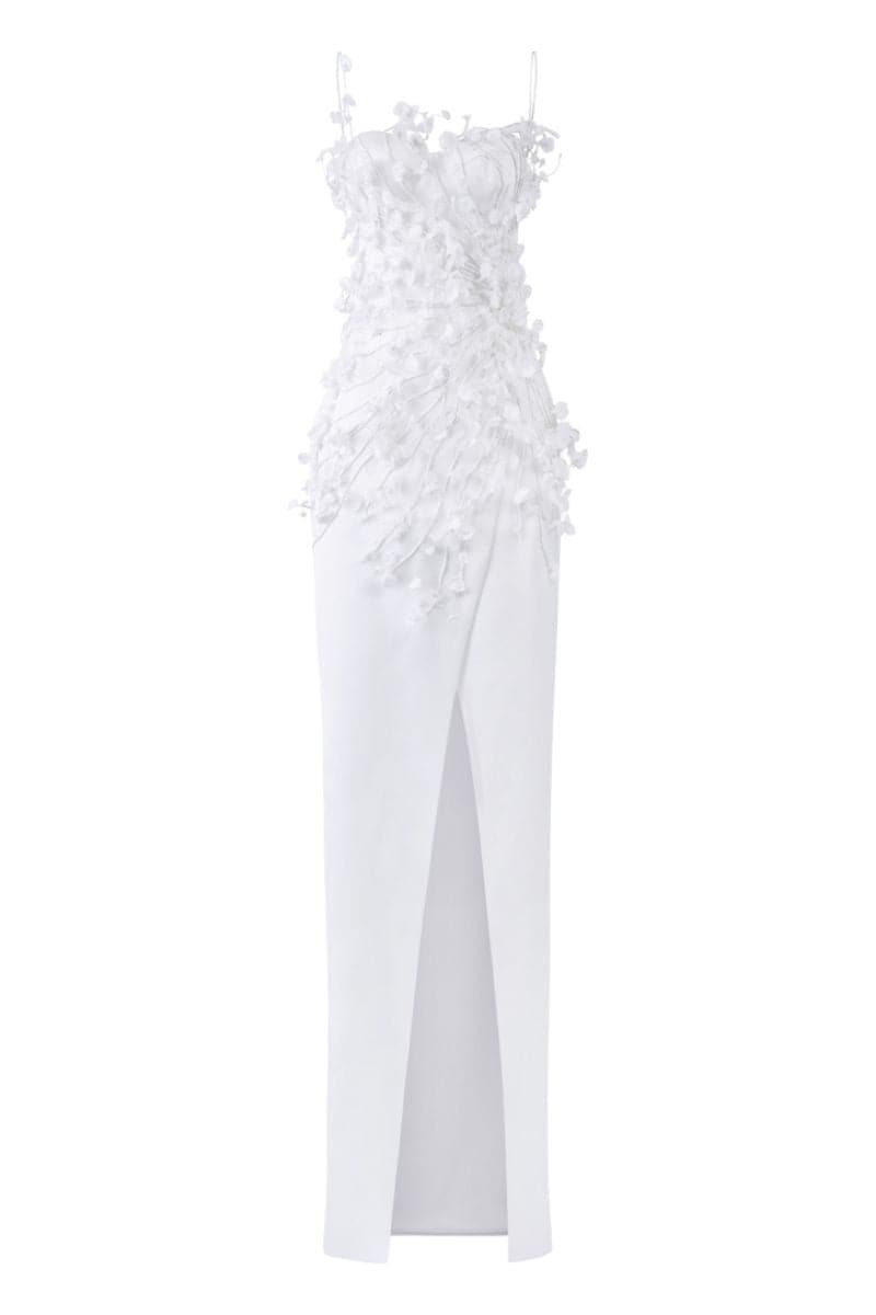 Elegant CULT MIA X 21Six Connie silk satin gown with floral design, featuring a flowing silhouette and intricate detailing.