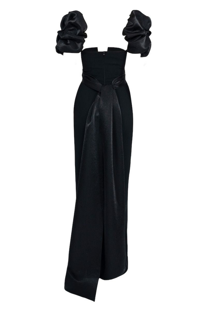 BLACK BALLOON SLEEVE LONG DRESS - CULT MIA