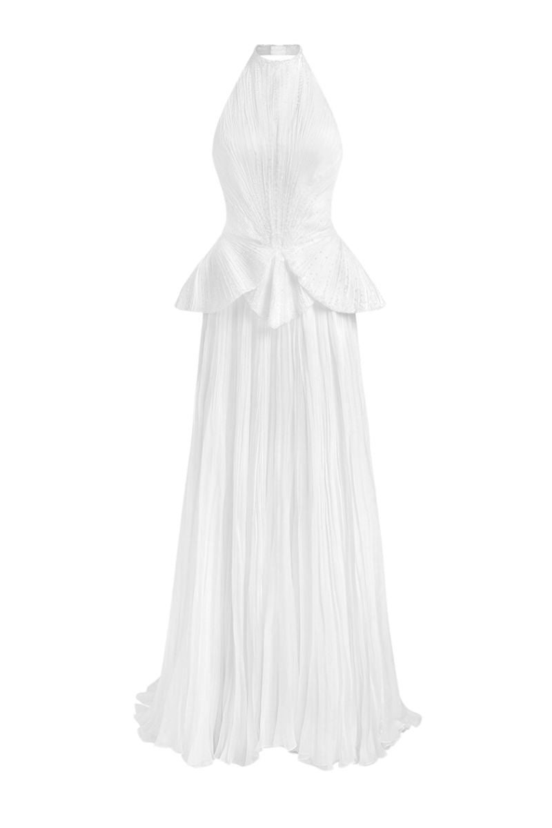 Elegant Snow Bloom gown by Le Thanh Hoa featuring intricate floral embroidery and flowing fabric.