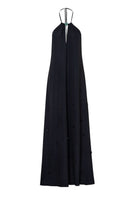 Black Baobab Rondine maxi dress displayed on a model with flowing fabric and elegant design.