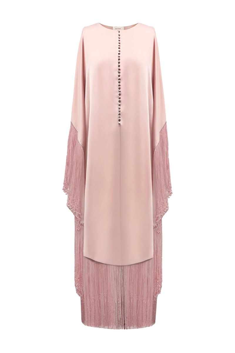 KAFTAN WITH FRINGE DETAIL AND CRYSTAL BUTTONS IN MISTY ROSE - CULT MIA