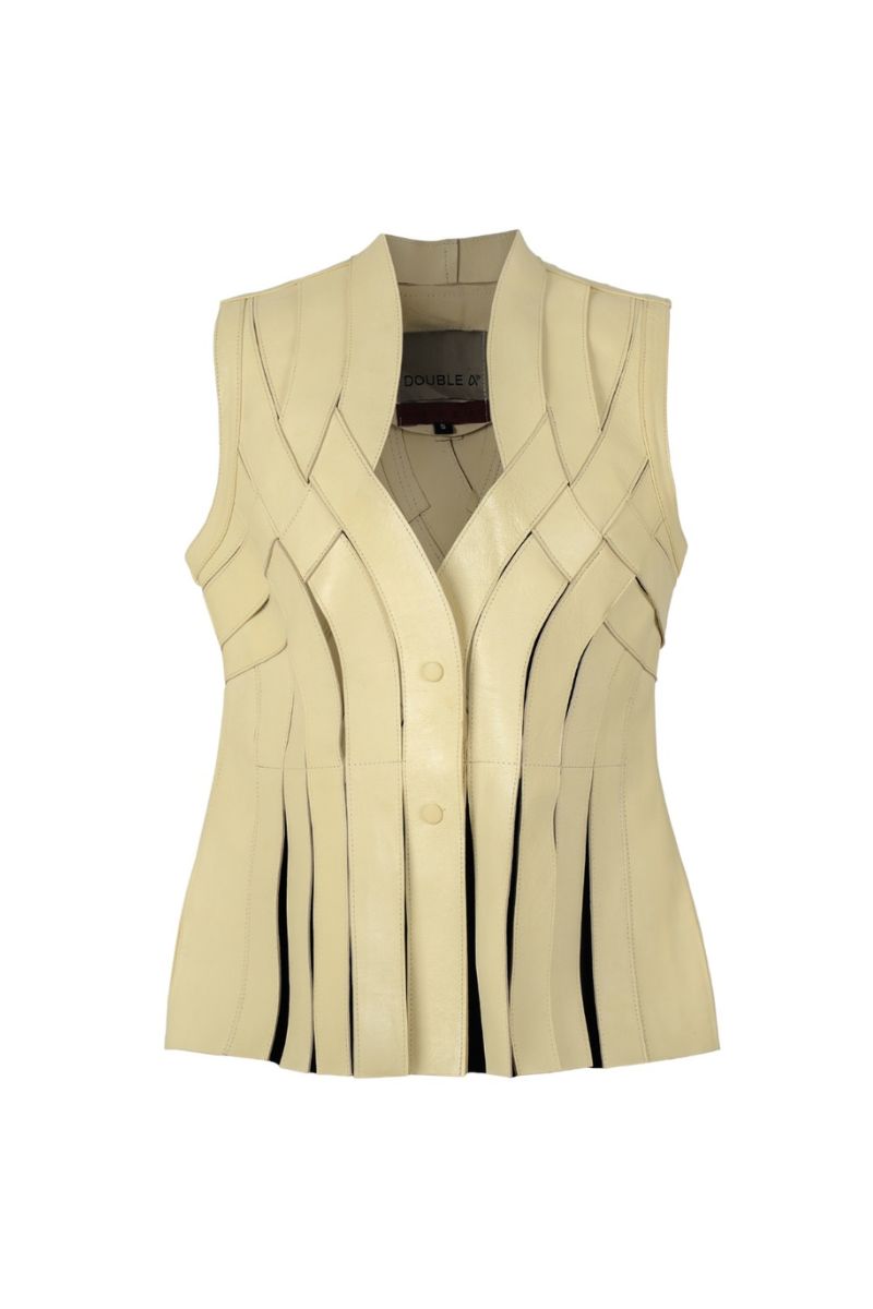 Double A Brianna leather vest in butter yellow, sleeveless design with a smooth leather finish, styled on a mannequin.