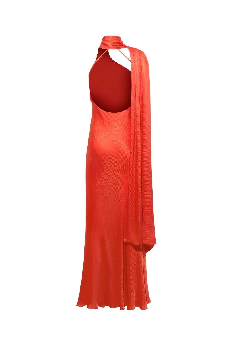 Sisters Marilyn maxi dress in scarlet red, flowing fabric with a fitted waist and elegant neckline, perfect for formal occasions.