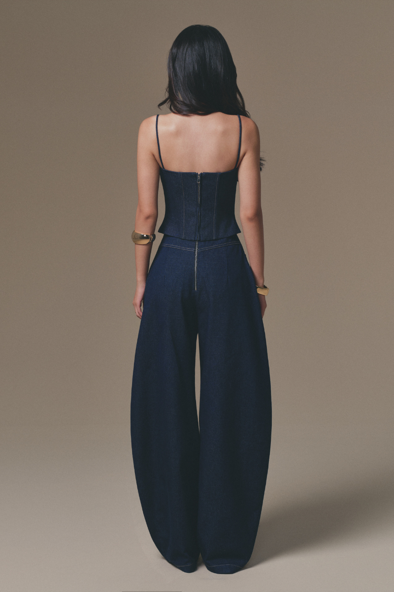 Keira Tong Petal Bustier Pants, stylish pants with petal design and tailored fit, shown on a model.