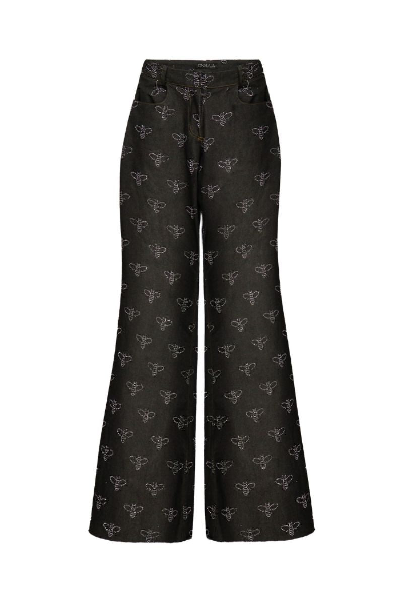 Onalaja BEE CRYSTAL DENIM JEANS, slim-fit blue jeans with crystal embellishments, displayed on a hanger against a neutral background.