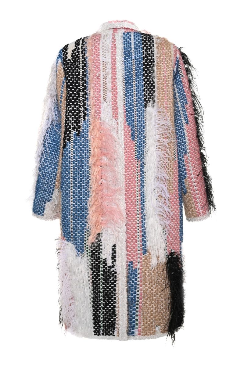 Lalo oversized coat with shoulder pads in light multi-color fabric, stylish and contemporary outerwear for cold weather.