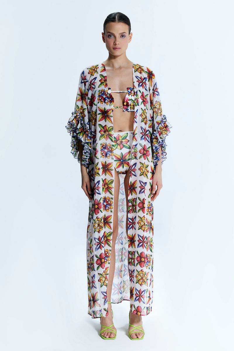Nur Karaata JOALI SICILIA cover-up dress, lightweight and colorful pareo for beachwear, featuring vibrant patterns and flowing fabric.