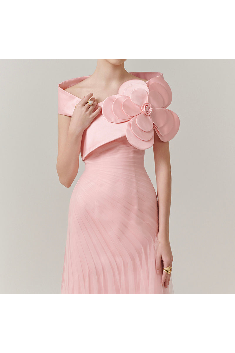 PINK ROSE ONE-SHOULDER FLOOR LENGTH DRESS - CULT MIA