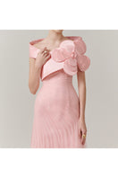 Pink rose one-shoulder floor-length gown by Happy Clothing, featuring elegant drape and flowing fabric for formal occasions.