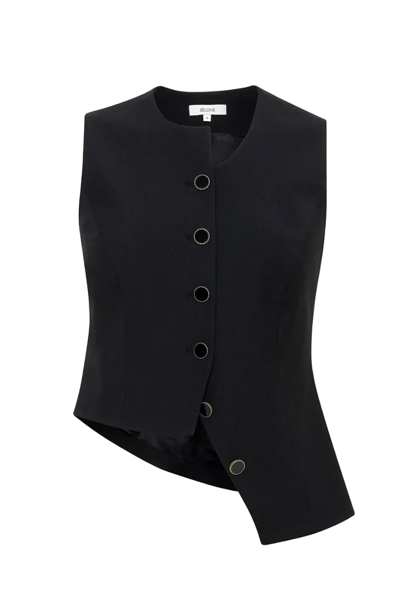 Black Calin asymmetric tie vest by Sélone, stylish sleeveless vest with unique asymmetric design, perfect for layered fashion looks.