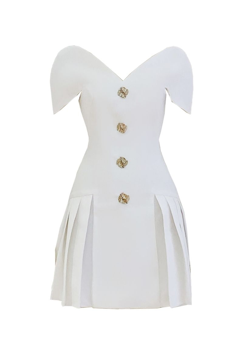 WHITE A-LINE FLARED NECKLINE MIDI DRESS - CULT MIA