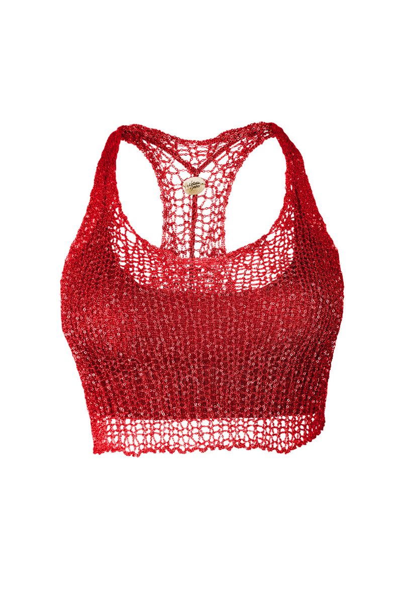 Red chain racerback top with bralette style from Natalia Fedner, featuring metallic chain details and a fitted design.