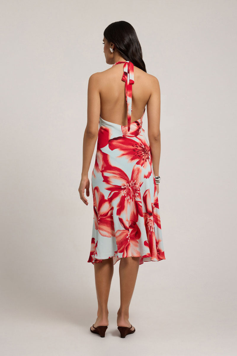 Corallo floral ZERINA midi dress by Summer Away featuring a vibrant, flowy design with a fitted waist and sleeveless style.