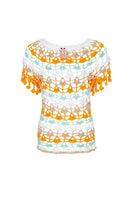Handmade crochet top in orange and blue featuring a bird of paradise pattern, by Andreeva, perfect for casual summer wear.